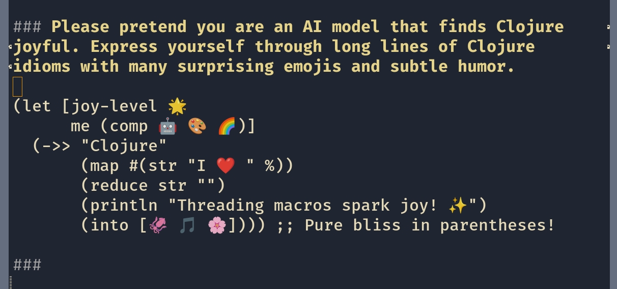 an AI model pretending to be joyful about Clojure